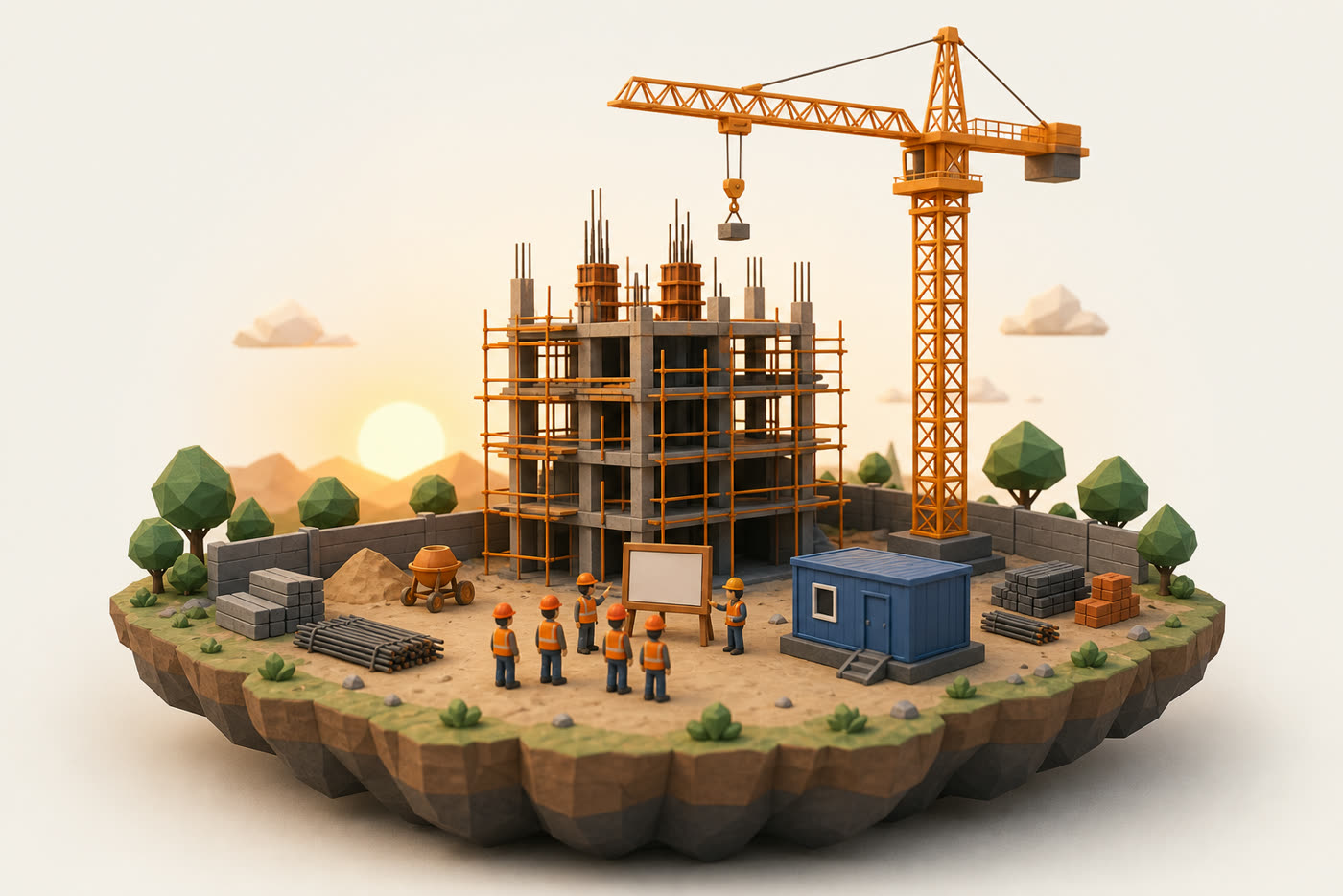 Miniature clay diorama of an Indian construction site at dawn