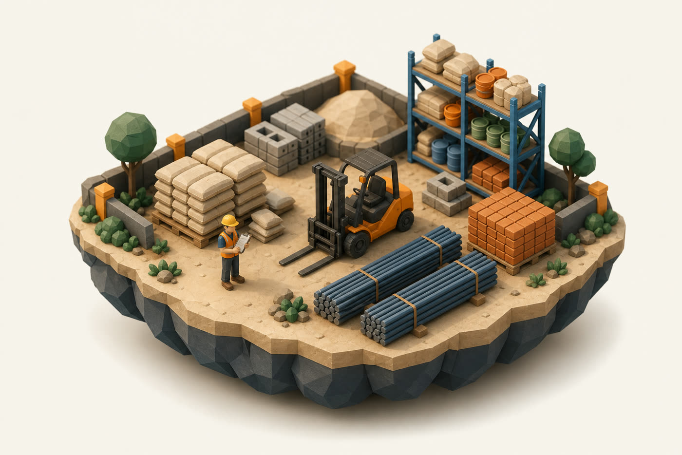 Miniature clay diorama of a construction materials yard