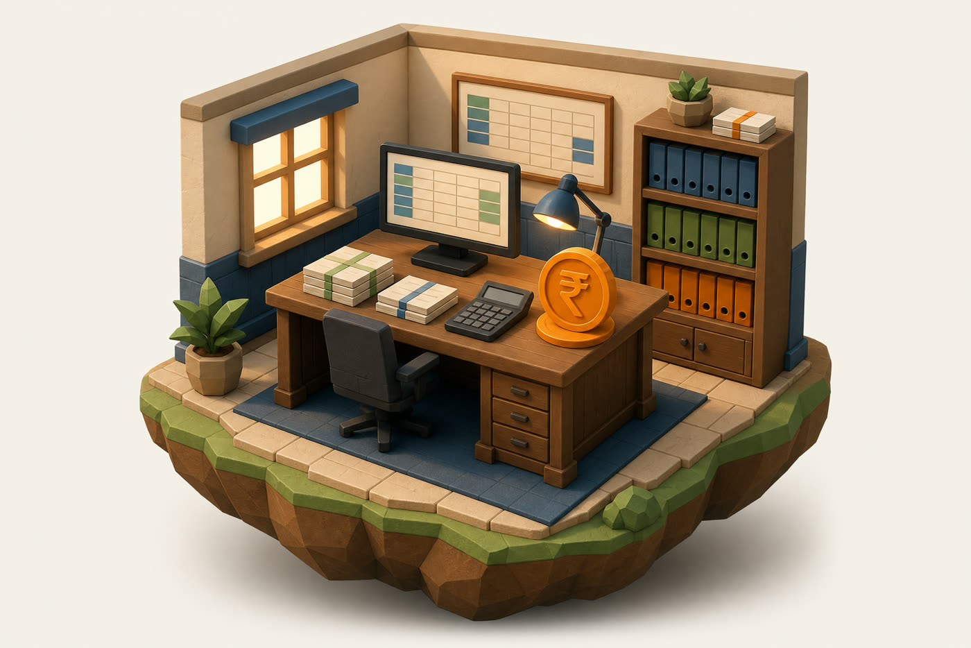 Miniature clay diorama of a builder's accounts office