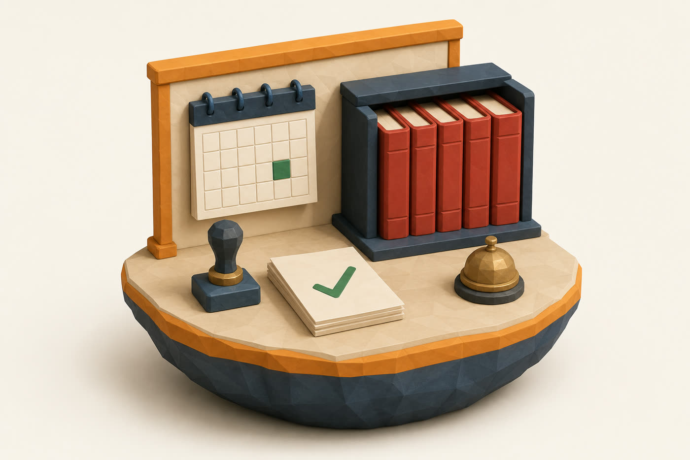 Miniature clay diorama of a compliance desk with ledgers